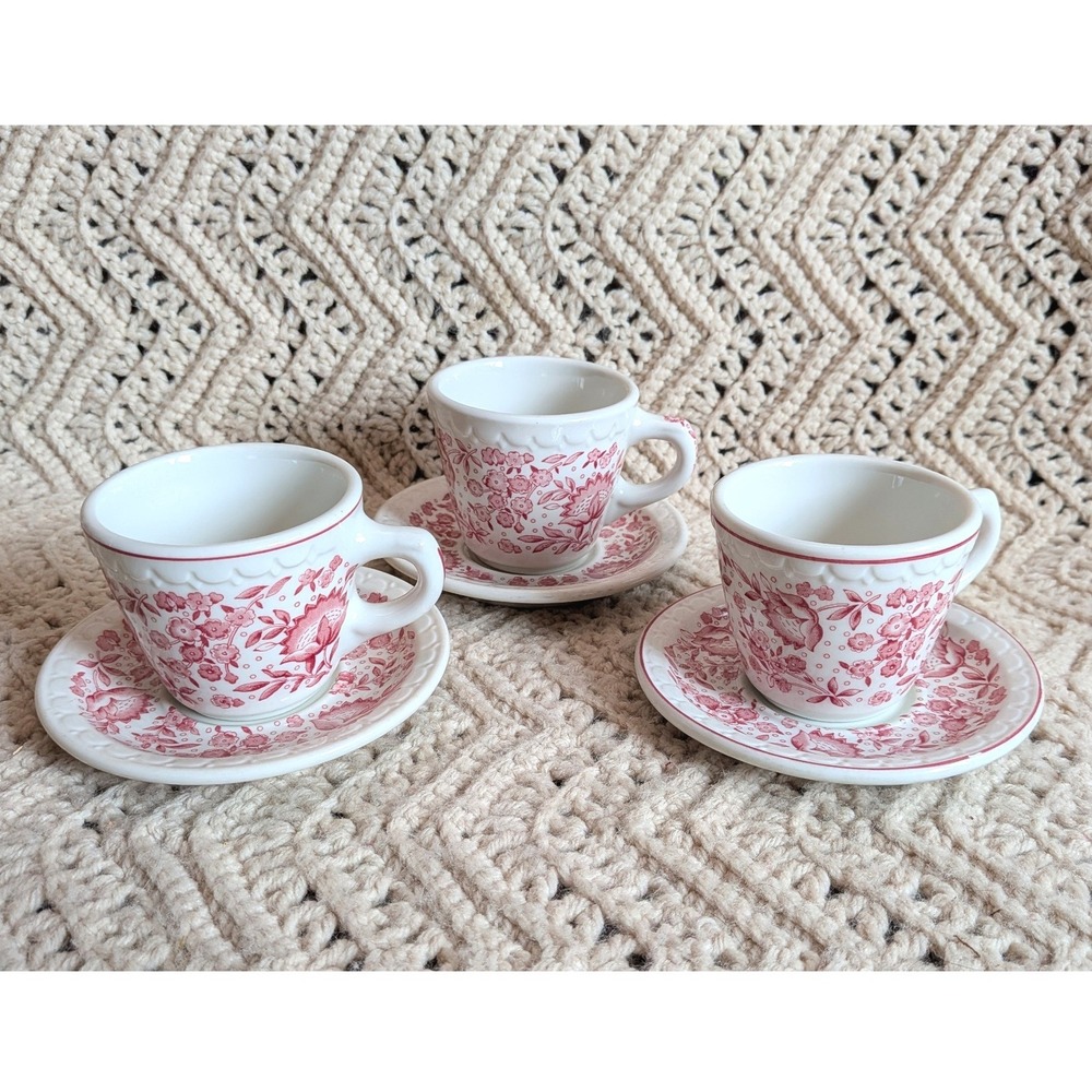 Syracuse China Econo-Rim Red Floral Espresso Cup Saucer Set 3 Demitasse Vintage